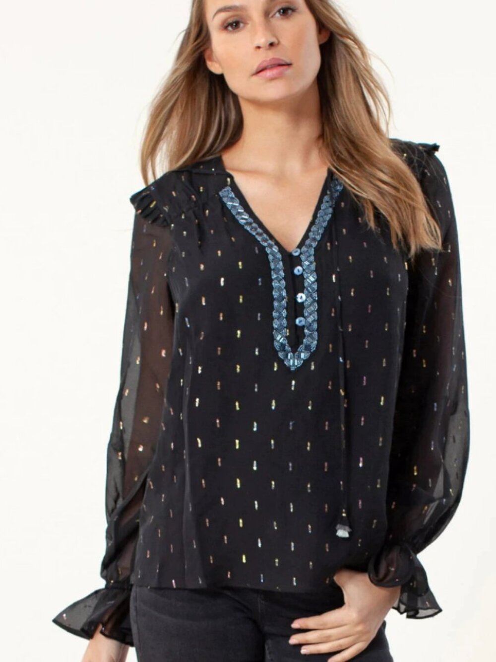 Hale Bob Black Silk Metallic Dot Blouse XS S